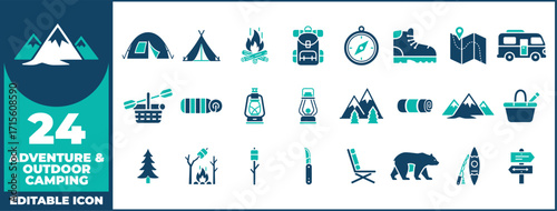 Adventure and Outdoor Camping silhouette icon set. Vector pictograms of tents, bonfire, hiking, fishing, backpacking, and outdoor gear bold solid illustration.