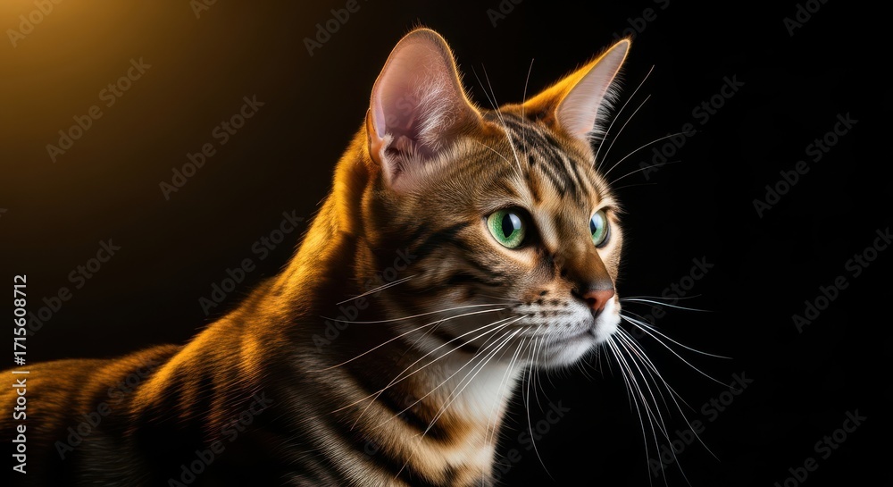 Fototapeta premium Majestic Bengal Cat with Striking Green Eyes and Golden Light