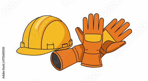Industrial safety equipment vector illustration showing a yellow construction hard hat and orange protective work gloves isolated on a white background