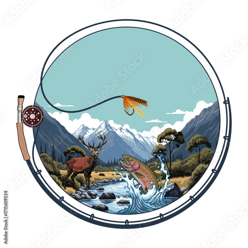 Mountain fishing scene with a jumping rainbow trout and a majestic deer.