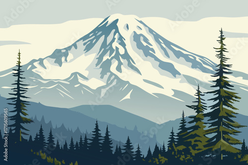 Majestic mountain landscape with snow capped peak and evergreen forests