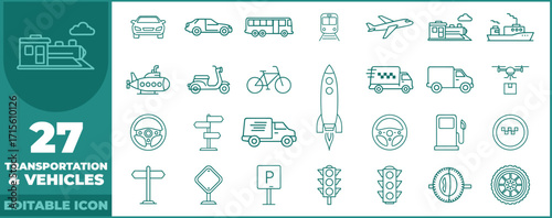 Transportation and Vehicles modern line icon set. Vector pictograms of cars, trains, ships, airplanes, bicycles, and buses thin linear illustration.