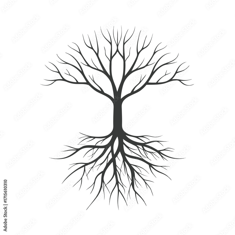Obraz premium Detailed illustration of a bare tree with extensive root system below