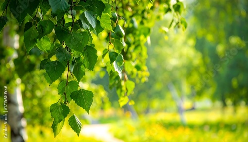 Fototapeta Naklejka Na Ścianę i Meble -  Vibrant foliage of birch trees in a sunlit park