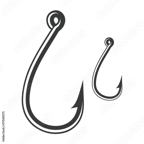 Two black fishing hooks presented in a simple isolated vector illustration