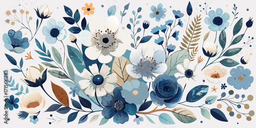 Seamless floral vector design featuring abstract blue and pink flowers, a vintage-inspired textile pattern with butterflies, and a beautiful spring leaf decoration