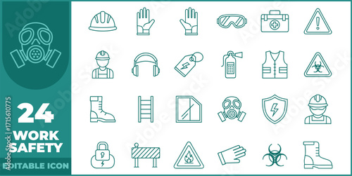 Work Safety modern line icon set. Vector pictograms of helmets, gloves, warning signs, safe equipment, and hazard prevention thin linear illustration.