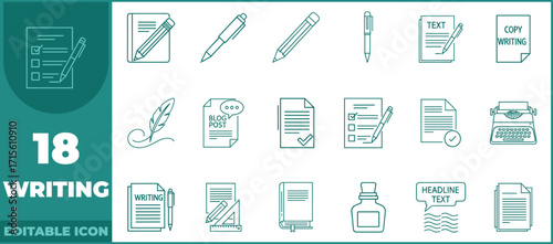 Writing modern line icon set. Vector pictograms of pens, notebooks, typewriters, text, content creation, and blogging thin linear illustration.