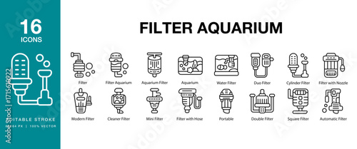 Filter Aquarium icon set. Includes aquarium, water, filter, fish, freshwater and More. Editable Stroke Icon Collection.
