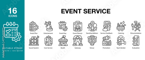 Event Service icon set. Includes event, service, celebration, party, banquet and More. Editable Stroke Icon Collection.