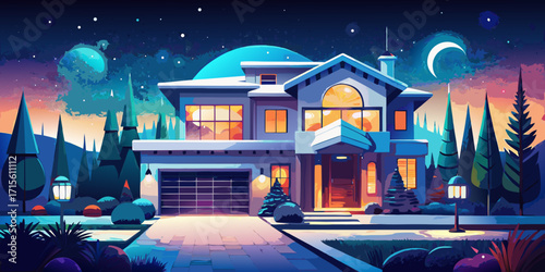 Vector cartoon illustration of a cozy winter night in a city with snow-covered houses, street lights, and Christmas trees