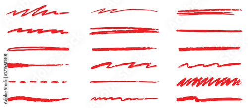 Red pencil line brush stroke set. Hand drawn underline, cross mark, and crayon scribble for text highlight and grunge. Doodle sketch element for red chalk pencil underline design. Vector illustration

