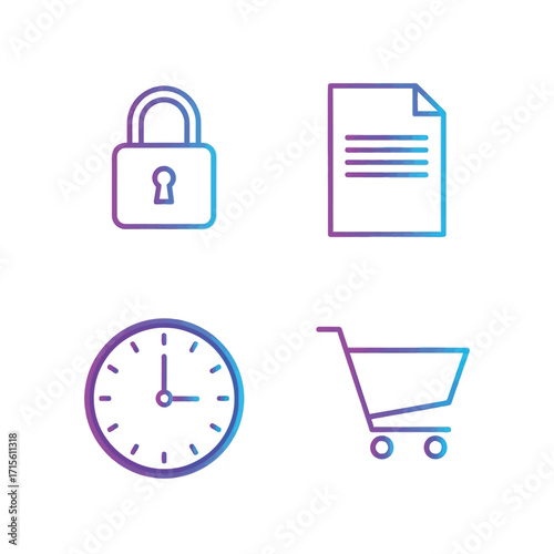Essential Gradient Line Icons for Digital Business Solutions, Web Services, Security, Time Management, and Online Shopping Concepts