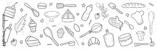 Hand drawn set of baking and cooking elements, mixer, cake, spoon, cupcake, scale. Doodle sketch style. Bakery element drawn by digital brush-pen. Illustration for icon, menu, recipe design.

