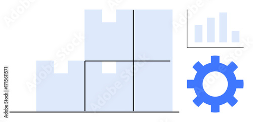 Stacked boxes with data analysis graph and gear icon. Ideal for logistics, supply chain, distribution, industry, planning, productivity, efficiency. Simple flat metaphor