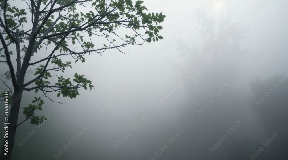 Fototapeta premium Mist-shrouded serenity: A lone tree stands stoically in a misty landscape. The atmosphere is calm and serene.
