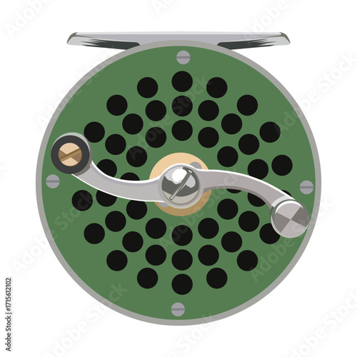 Fly fishing reel with green spool and black holes