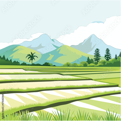 Scenic landscape depicting lush green rice terraces and distant mountains