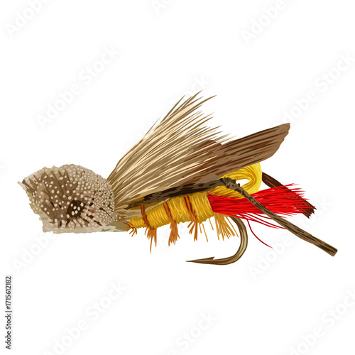 Fishing lure with hook and colorful threads.