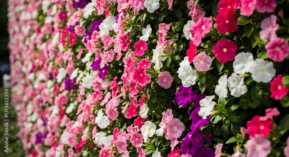 Obraz premium Vibrant Wall of Blooming Flowers in Pink White and Purple Colors for Background