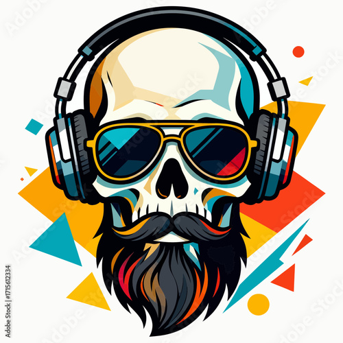 Cool Skull DJ Headphones, Sunglasses, and Beard