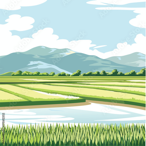 Serene landscape with rice paddies distant mountains and a clear sky