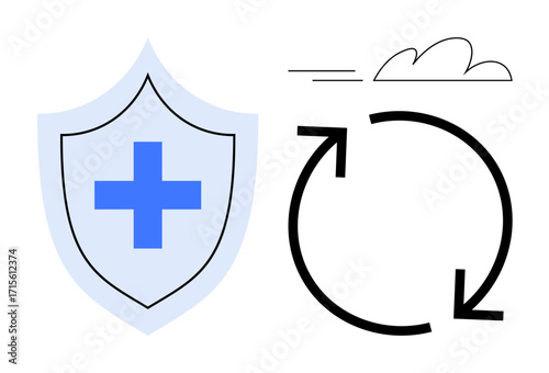Blue shield with cross symbolizing safety, paired with circular arrows and clouds for renewal and sustainability. Ideal for security, healthcare, environment, process flow, cloud computing, system