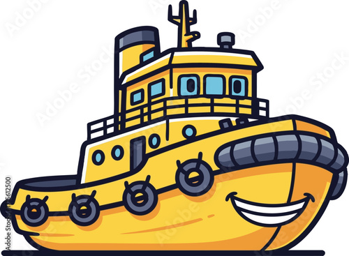 Smiling yellow tugboat floats cheerfully on calm blue water, ready for a new adventure with its friendly face and sturdy build.