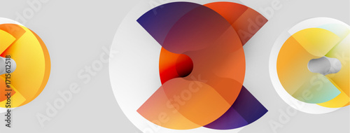 Abstract shapes, vibrant colors, overlapping circles create dynamic visual composition. Orange, purple hues dominate design. Modern aesthetic.