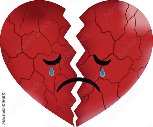A sad, broken heart with cracks and tears, representing heartbreak and loss of love.