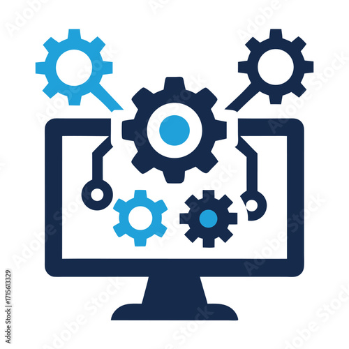 Digital technology concept showing computer screen with interconnected gears