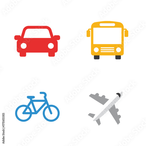 Set of four vehicle icons including car, bus, bicycle, and airplane, representing different modes of transportation