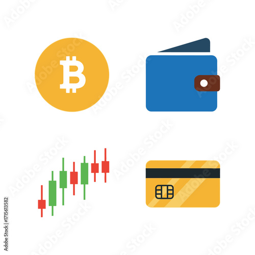 Cryptocurrency, Finance, and Trading Icons Bitcoin, Wallet, Chart, Credit Card