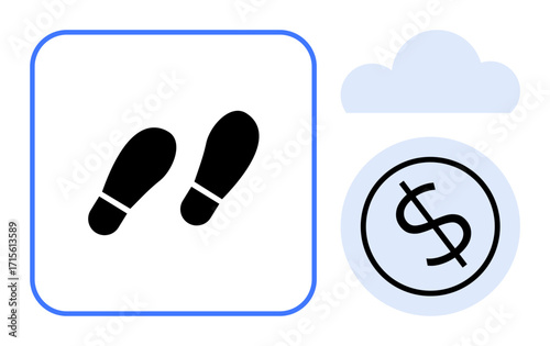 Black footsteps next to a cloud containing a dollar sign, symbolizing progress, growth, financial planning. Ideal for business, finance, innovation, success e-commerce investments saving. Simple