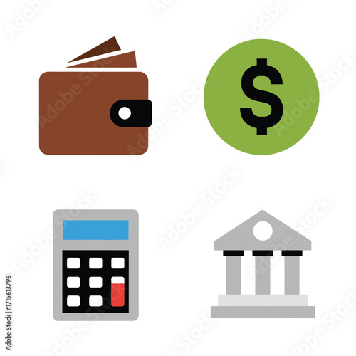 Financial management flat icons wallet, dollar, calculator, bank. Essential for economic planning and budgeting visuals