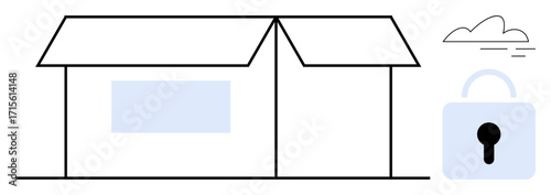 Open box with lid, large padlock, and cloud element. Represents security, storage, organization, privacy, protection cloud storage and safeguarding. Simple flat metaphor