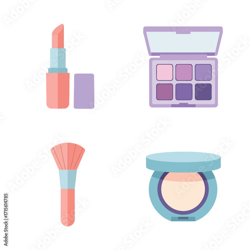 A flat design illustration of essential daily makeup products for a complete beauty routine, including lipstick and eyeshadow
