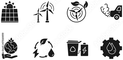 Sustainability ESG icon set. Thin glyph editable stroke icons for renewable energy, recycling, environmental impact, carbon footprint, green practices, water reuse, and planet care
