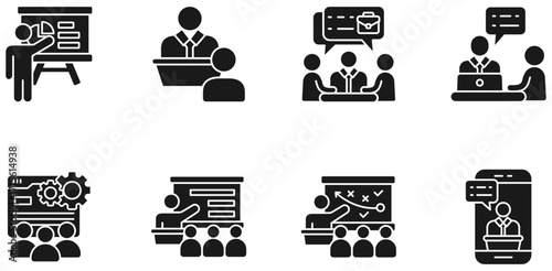 Presentation icon set. Thin glyph editable stroke icons for public speaking, panels, keynote, live conferences, speeches, discussions, communication