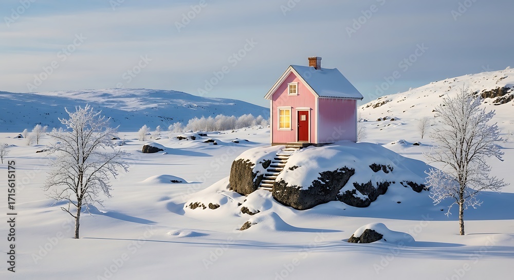 Naklejka premium Charming Pink House in a Vast Snowy Winter Landscape with Blue Sky