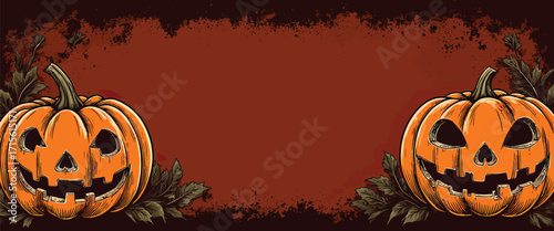 Spooky Halloween pumpkins with carved faces and dark leaves create a festive autumn design for holiday celebrations
