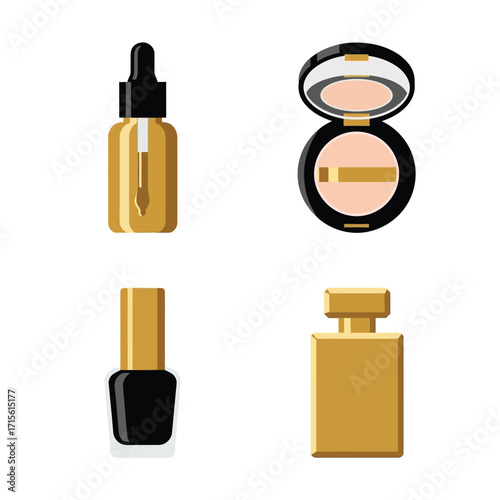 Vector illustration collection of elegant gold and black makeup and skincare products on an isolated background