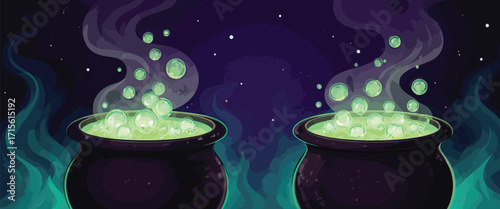 Mysterious bubbling witch's cauldrons with glowing potion and ethereal steam against a dark night sky for Halloween