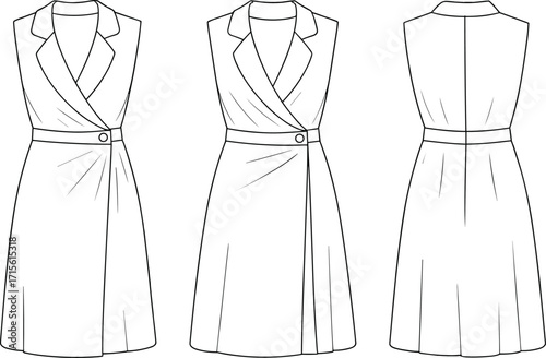 Technical fashion vector illustration of sleeveless wrap dress with notched lapel collar, flared skirt, button closure, garment construction and stitching details