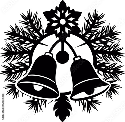 Christmas bells hanging from snowy pine branches silhouette vector icon , black and white 