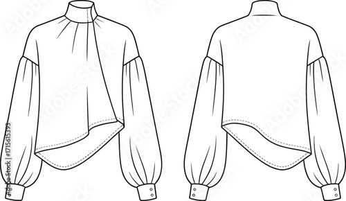 Technical fashion vector illustration of women’s blouse with high gathered neckline, voluminous sleeves, asymmetrical hem, garment construction and stitching details