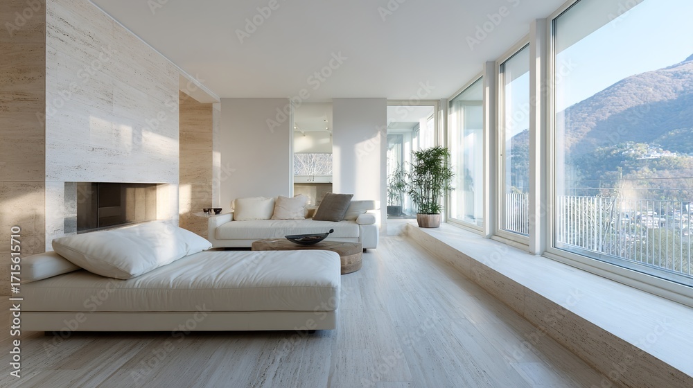 Fototapeta premium residential. Modern living room showcasing minimalist design with clean lines and soft natural light from large windows. lifestyle magazines.