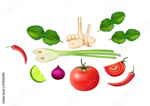 Thai Tom Yum Ingredients Vector Illustration Galangal Lemongrass Kaffir Lime Leaves Chili Tomato Shallot Lime Herb Cooking Spices Set PNG AI Transparent Background Food Clipart Design Graphic
