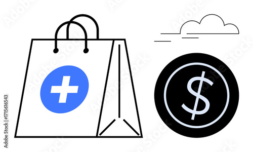 Bag with medical cross and coin signifying healthcare expenses. Ideal for finance, healthcare, shopping, medicine, economics, e-commerce, consumer behavior. Simplistic flat metaphor