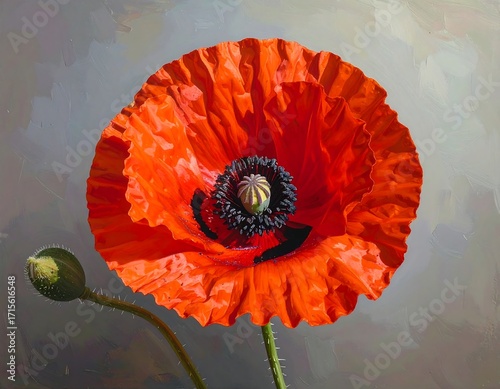 A vibrant, detailed close-up of a single, crimson poppy with a delicate bud, set against a muted, textured gray background.